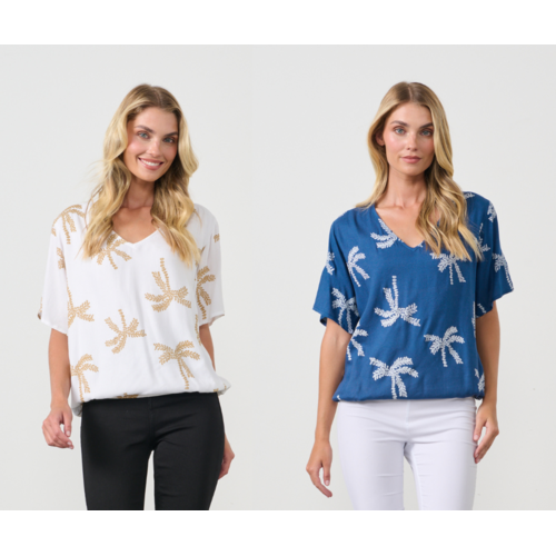 Holmes & Fallon Palms Print Elastic Hem Shirt