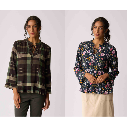 Foil Ruffle Neck Scoop Hem Top