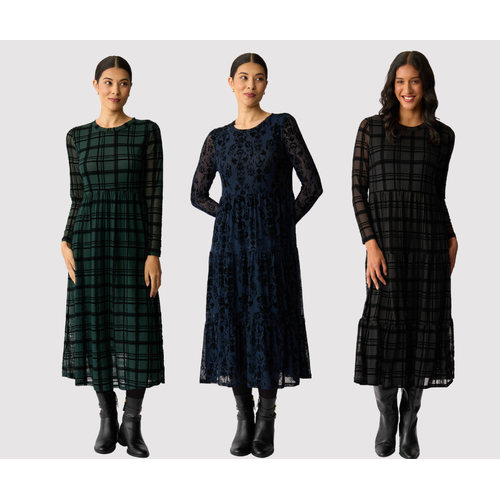 Foil Long Sleeve Tiered Hem Dress