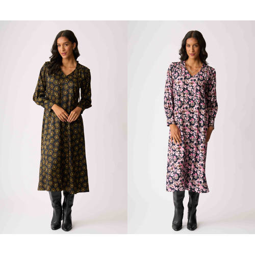 Foil Shirred Shoulder Dress