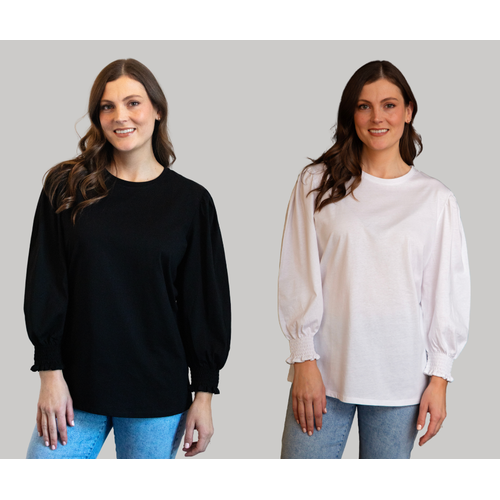 White on Black Shirred Sleeve Top